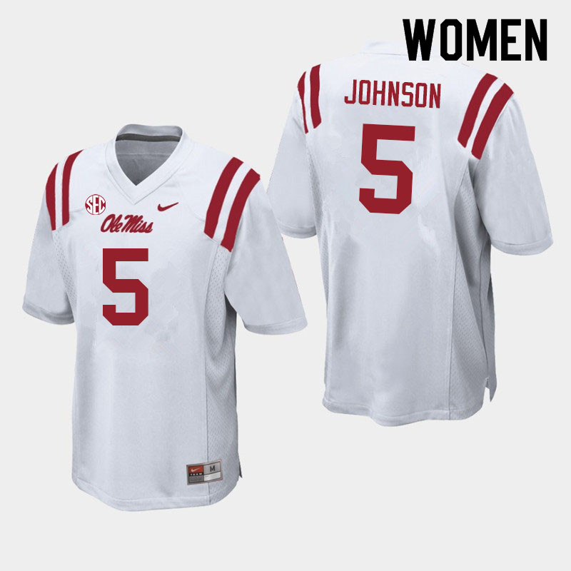 Women #5 Tysheem Johnson Ole Miss Rebels College Football Jerseys Sale-White - Click Image to Close